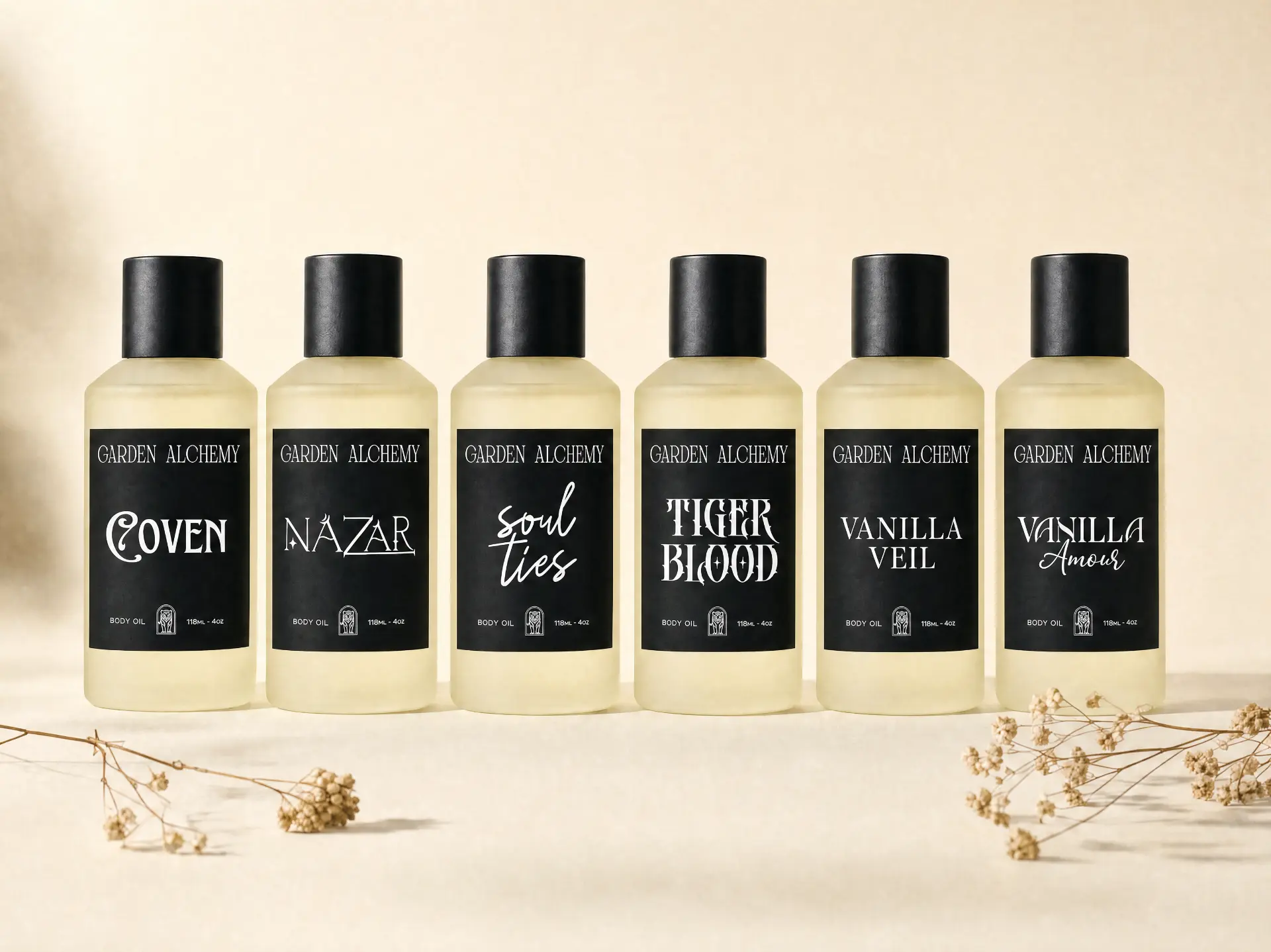 Six full-size Garden Alchemy body oils arranged in a lineup